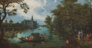 Zomers landschap met bootje en baders