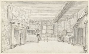 Gezicht op een rijk ingerichte kamer met een hemelbed door Adriaen Pietersz van de Venne