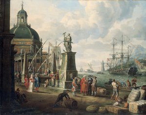 Een capriccio van een Middellandse Zee haven met kooplieden, een elegant paar aan de kade, voor een standbeeld van Hoop en een barokke kerk, een vuurtoren, een Nederlandse oorlogsschip, en andere schepen daarbuiten, 1700