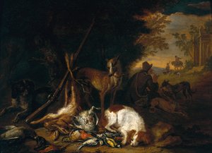 Een jager met zijn honden door Adriaen de Gryef