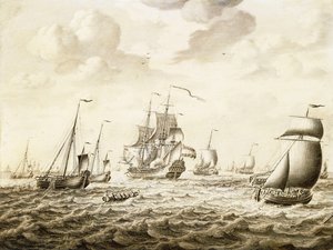 Een Nederlands Oorlogsschip dat een Saluut Afvuurt - een Penschilderij door Adriaen van Salm