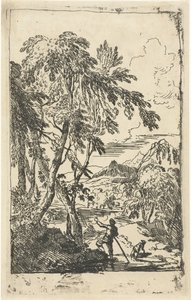 Bergachtig landschap met bomen en man met hond door Adriaen van Diest