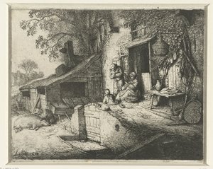 Spinnende vrouw voor een huis door Adriaen van Ostade (signed by artist)