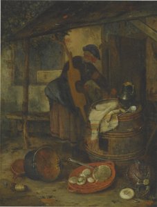 Een dienstmeid bij een deur met een vat en groenten door Adriaen Jansz. van Ostade