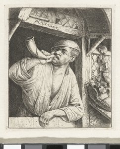 Bakker blaast op een hoorn door Adriaen van Ostade