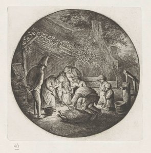 Boerenfamilie bij het slachten van een varken