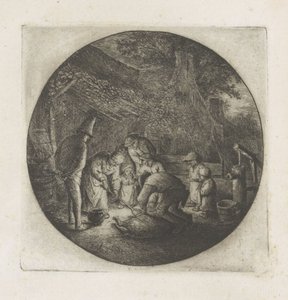 Boerenfamilie bij het slachten van een varken door Adriaen van Ostade