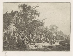 Dansende boeren voor een herberg