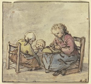 Drie meisjes, de oudste klossend door Adriaen van Ostade