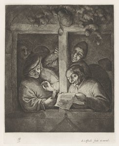Drie mannen zingen van blad papier bij kaarslicht in open raam door Adriaen van Ostade