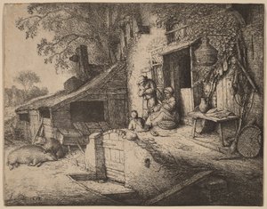 Boerderij met een boerenfamilie voor de voordeur, de vrouw spint door Adriaen van Ostade