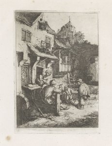 Gebochelde vioolspeler voor een herberg door Adriaen van Ostade