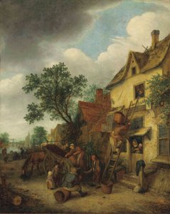 Duits: Bauern beim Torfabladen Dorpelingen die turf naar een huis dragen