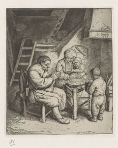 Gezin aan tafel voor de maaltijd door Adriaen van Ostade