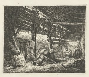 Interieur van een hooischuur door Adriaen van Ostade