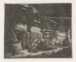 Interieur van een hooischuur door Adriaen van Ostade