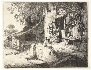 Vrouw die spint voor een boerderij door Adriaen van Ostade
