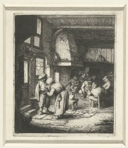Man betaalt zijn kosten aan vrouw in een herberg door Adriaen van Ostade