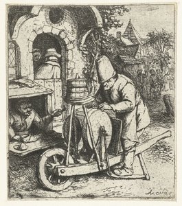 Messenslijper aan het werk bij een schoenmaker door Adriaen van Ostade