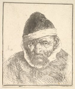 Oude man met witte kraag en puntmuts door Adriaen van Ostade