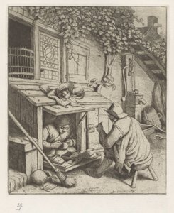Schoenmaker in winkel voor zijn huis en een klant door Adriaen van Ostade
