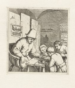Schoolmeester met drie leerlingen bij tafel door Adriaen van Ostade
