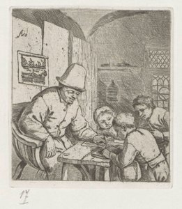 Schoolmeester met drie leerlingen bij tafel door Adriaen van Ostade