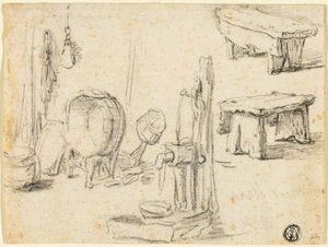 Schetsen van pomp, wastobbe, banken door Adriaen van Ostade