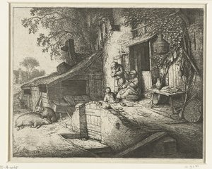 Spinnende vrouw voor een huis door Adriaen van Ostade