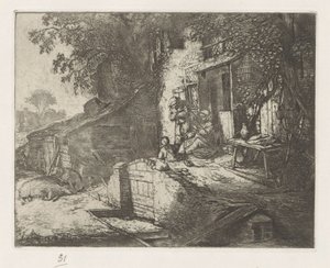 Spinnende vrouw voor een huis