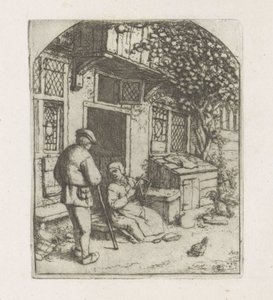 Spinster op de drempel van een huis