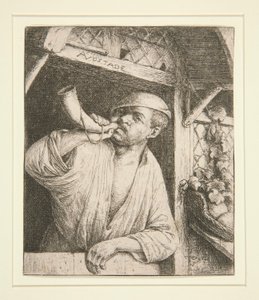 De bakker die op zijn hoorn blaast door Adriaen van Ostade