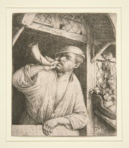 De bakker die op zijn hoorn blaast door Adriaen van Ostade