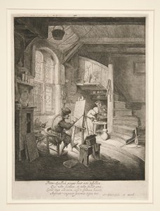 De schilder in zijn atelier door Adriaen van Ostade