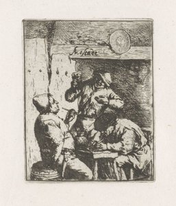 Twee rokers en drinker in herberg door Adriaen van Ostade