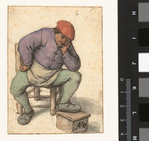Zittende man, zijn linkervoet steunend op een stoof door Adriaen van Ostade