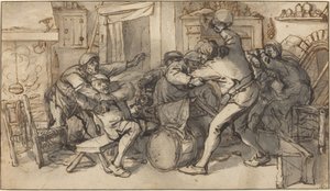 Boeren vechten in een taverne door Adriaen van Ostade and Cornelis Dusart