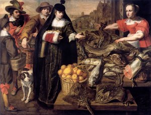 Een dame op de vismarkt in Antwerpen, 1630-1640 door Adriaen van Utrecht