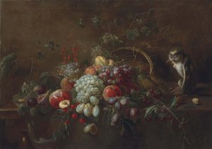 Druiven, appels, pruimen, vijgen en ander fruit op een deels gedrapeerde houten tafel, een aap die walnoten eet bij een omgekeerde gevlochten mand door Adriaen van Utrecht