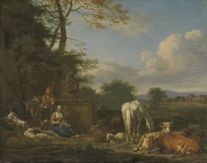 Arcadisch landschap met rustende herders en dieren, 1664