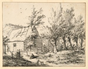 Boerderij achter een rij knotwilgen door Adriaen van de Velde
