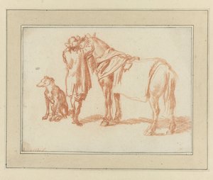 Ruiter naast een paard en een hond door Adriaen van de Velde