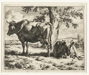 Twee koeien onder een boom door Adriaen van de Velde