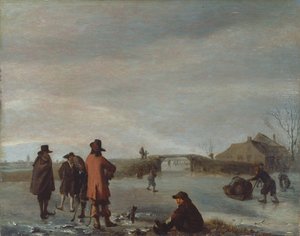 Winterscène met een groep golfers op een bevroren rivier, ca. 1654-72 door Adriaen van de Velde