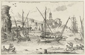 Havengezicht in het Zuiden (Landschappen, serie twee) door Adriaen van der Kabel