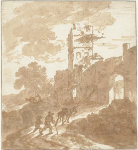 Italiaans landschap met een pad naar een stadspoort