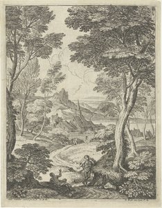 Landschap met spitse toren door Adriaen van der Kabel