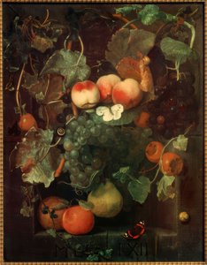 Vruchtenstilleven met vlinders en slakken door Adriaen van der Spelt