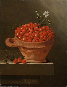 Stilleven met aardbeien in een kleipot, 1704 door Adrian Coorte