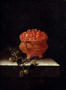 Aardbeien en kruisbessen op een stenen richel